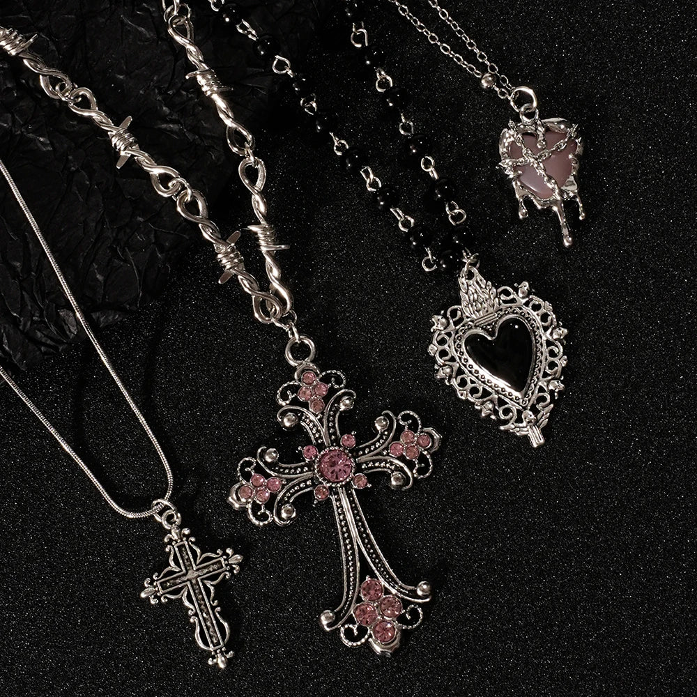 Y2K Cross & Heart Pendant Necklace
