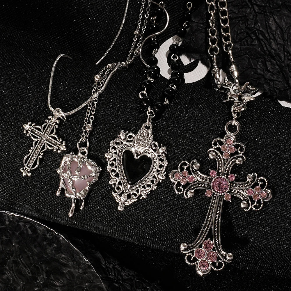 Y2K Cross & Heart Pendant Necklace