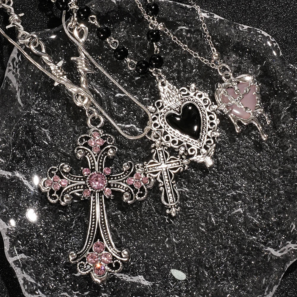 Y2K Cross & Heart Pendant Necklace