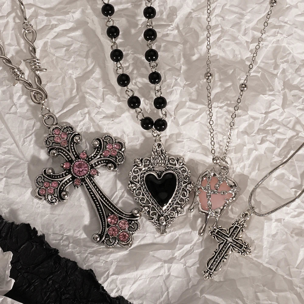 Y2K Cross & Heart Pendant Necklace